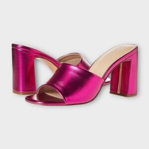 The Drop Pattie High Block Heeled Mule Sandal Hot Pink Metallic Size 6.5 Retro